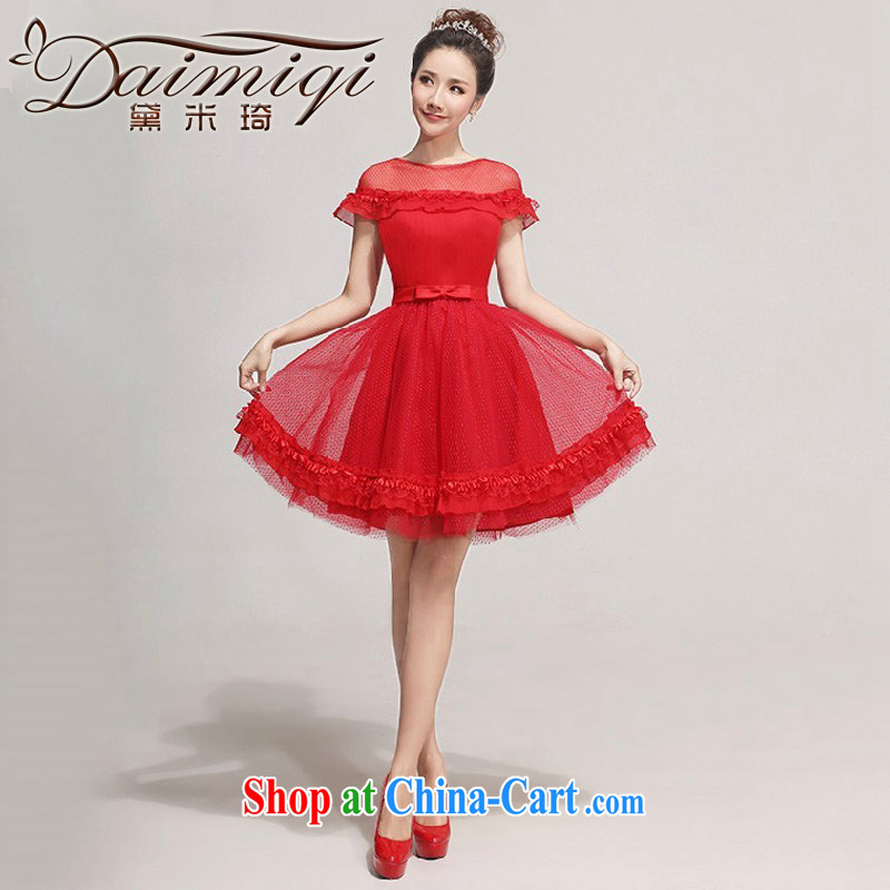 2014 new bride bridesmaid dresses small sweet fairy tale Princess short wedding short evening dress double-shoulder lace bubble sleeve bridesmaid toast serving serving red M