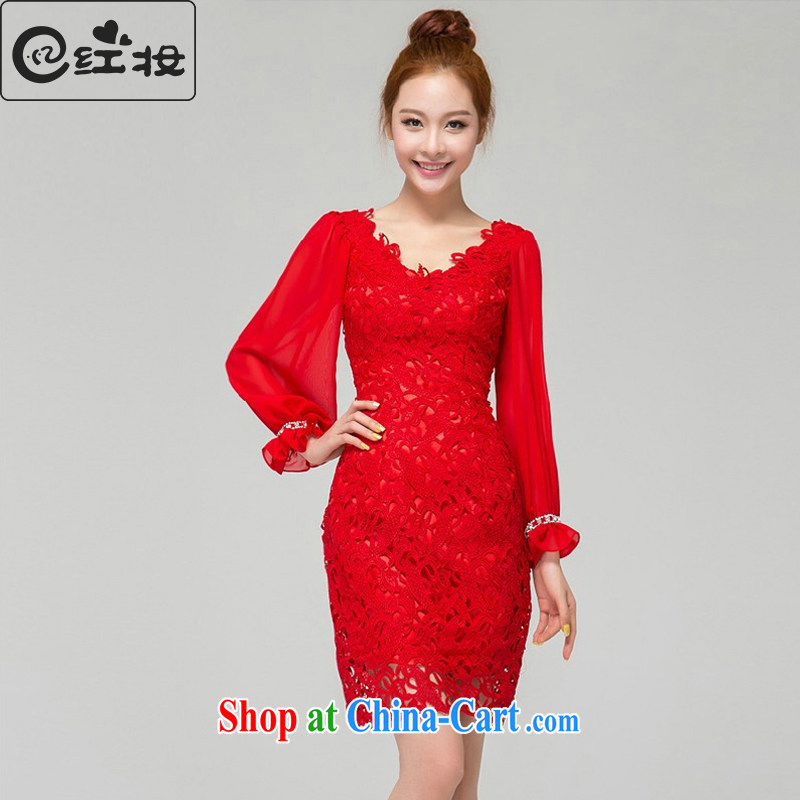 Recall that the red makeup spring and summer bridal wedding dress new stylish beauty V collar red lace bridesmaid short long-sleeved toast L serving 13,771 red XL