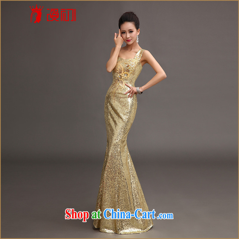 Early SPREAD THE SHOULDER Evening Dress 2015 new toast service luxury, long, at Merlion dress moderator performances serving light gold with L section, early definition, shopping on the Internet