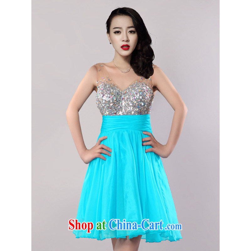 An MMS message spring and summer small dress 2014 short, Beauty Princess dress fresh Korean Diamond Wedding dress uniform toast Lake blue XL