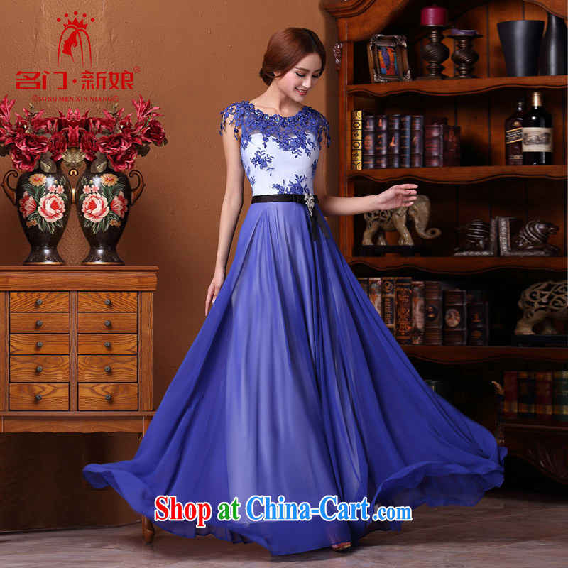 The bride's 2015 new retro dress blue and white porcelain royal blue dress bows dress 595 blue S