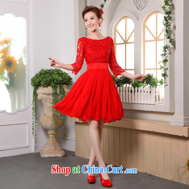 Qi wei summer 2015 New Red married women toast one field shoulder lace beauty short stylish sweet dress female Red XL