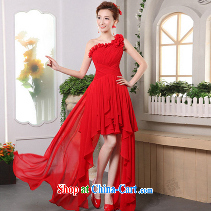 Qi wei wedding dresses 2015 summer new, short before long after the shoulder red short dress bride wedding toast serving sister, dancing dress female Red XL
