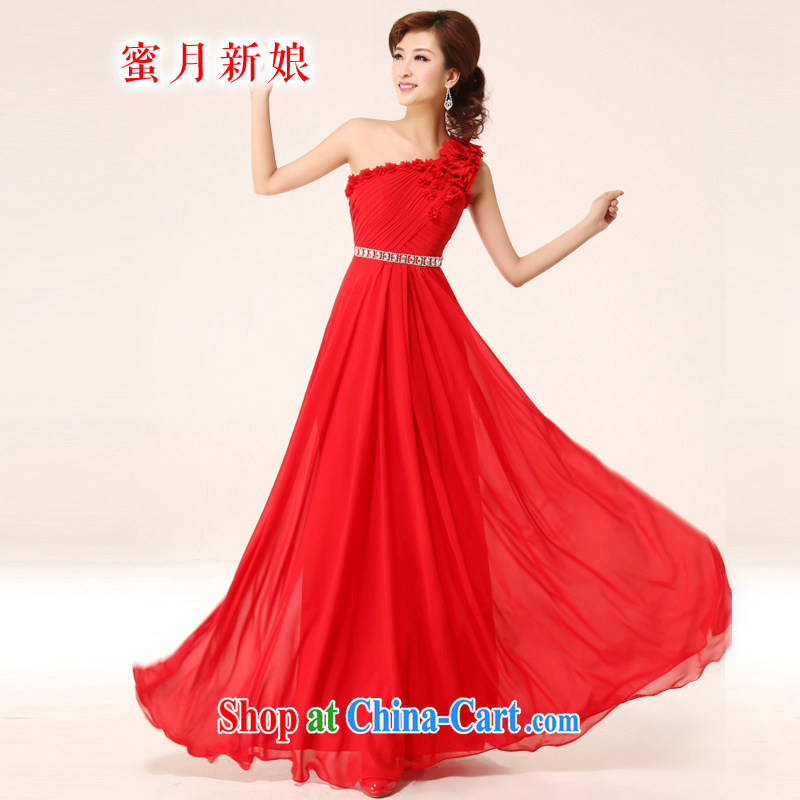 Honeymoon bridal 2015 New red sweet nails Pearl single shoulder water drilling flowers bridal evening dress show banquet toast dress red XL