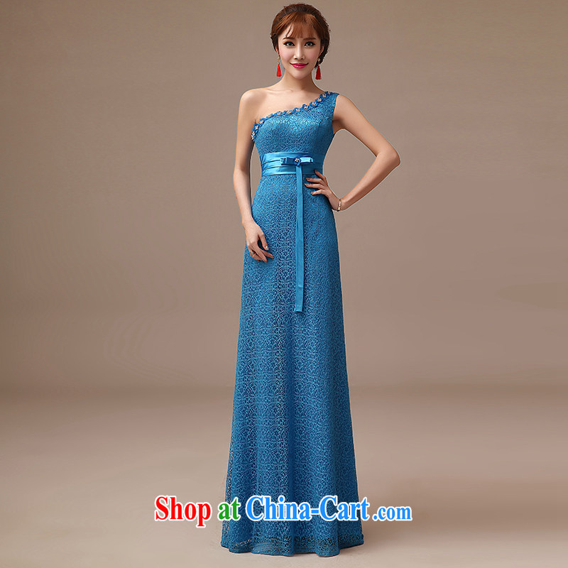 2015 new blue single shoulder bridal toast clothing lace long dress bridal wedding dress toast blue XL