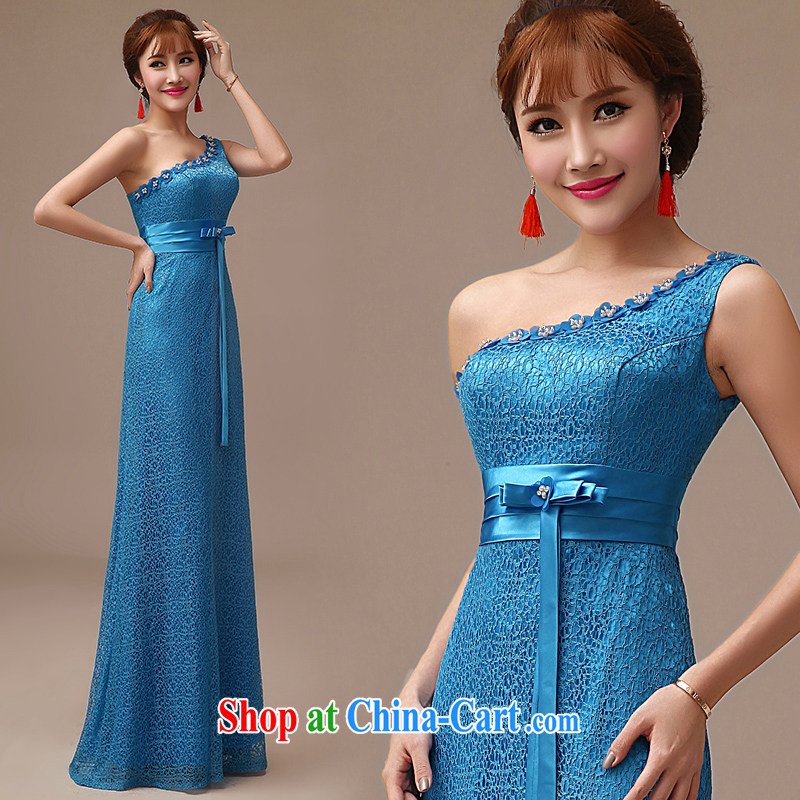 2015 new blue single shoulder bridal toast clothing lace long dress bridal wedding dress toast blue XL, dirty man, shopping on the Internet
