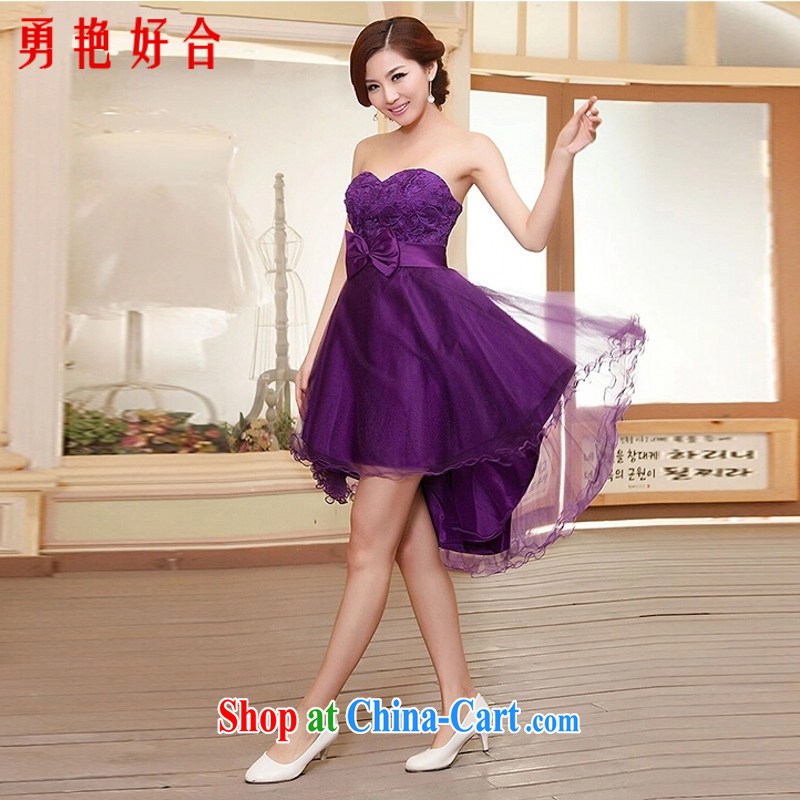 Yong-yan and 2015 new small dress dress bridal bridesmaid clothing red wedding dresses wedding toast serving evening dress short lace-Front short, long purple XXL is not returned.