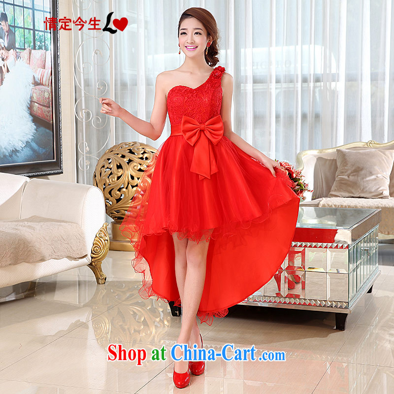 Love Life 2015 new bridesmaid clothing lace banquet wedding Evening Dress red toast serving evening dress Korean single shoulder cultivating graphics thin shaggy dress red XXL