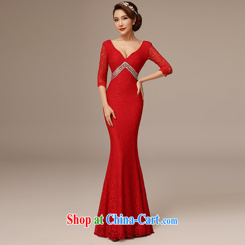 Dirty comics 2015 new stylish deep V for cultivating long-sleeved crowsfoot dress red lace long marriages served toast long red L, clean comics, and shopping on the Internet