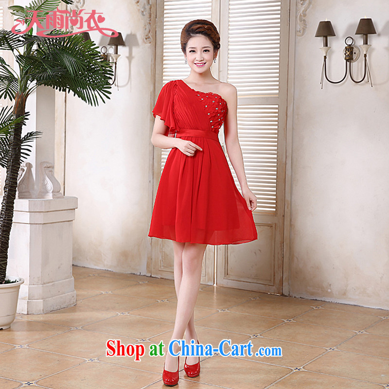 Rain is still clothing bridal wedding dresses 2015 new marriage toast serving sweet Princess single shoulder short bridesmaid dresses small LF 192 Red Red tailored