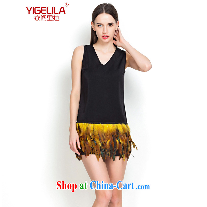 Yi Ge lire_YIGELILA Flamingo feather dresses beauty graphics thin V collar vest short skirt black 6560 L