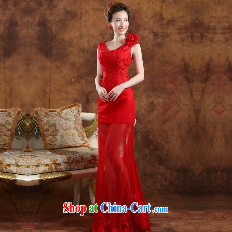 Wei Qi dress summer 2015 new Korean double-shoulder lace dress female marriages are deeply V toast serving red long crowsfoot banquet hosted at red Custom for the $30, Qi wei (QI WAVE), online shopping