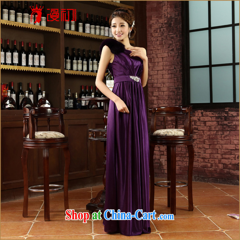 Early definition 2015 new dress bride wedding toast long dress banquet, shoulder the fox hair fall and winter sexy dress purple XXL, diffuse, and shopping on the Internet