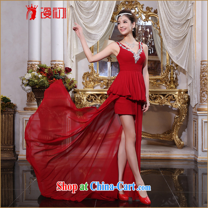 Early definition 2015 new dress bride wedding Toast before serving short long double-shoulder dress wine red dress wine red XXL