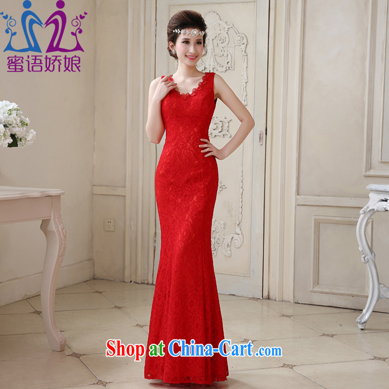 Honey, bride bridal toast service 2015 New red evening dress long lace beauty evening dress at Merlion dress wedding dresses red M