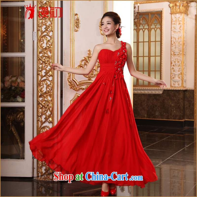 Early spread new marriages bows long dress elegant single shoulder red dress banquet evening dress red XXL, diffuse, and shopping on the Internet