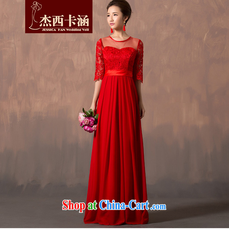 Jessica covers wedding dresses 2014 new marriage toast Service Bridal Evening Dress lace red long-field double-shoulder biological air cuff video thin 5105 red XXXL
