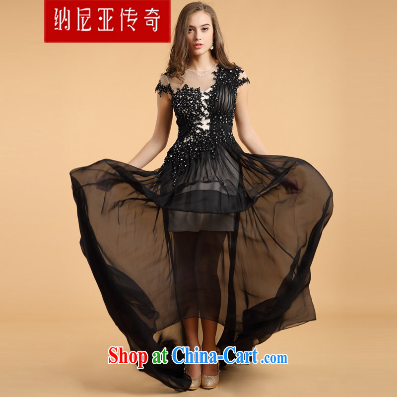 The Chronicles of Narnia 2015 New Solid Color sexy black lace banquet Web yarn high waist cultivating long dress black L