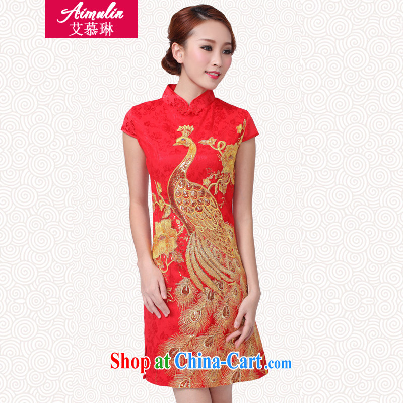 On the RIM _AIMULIN_ China wind show annual wedding dress bridal wedding retro improved red toast serving short cheongsam 6609 golden Peacock XS