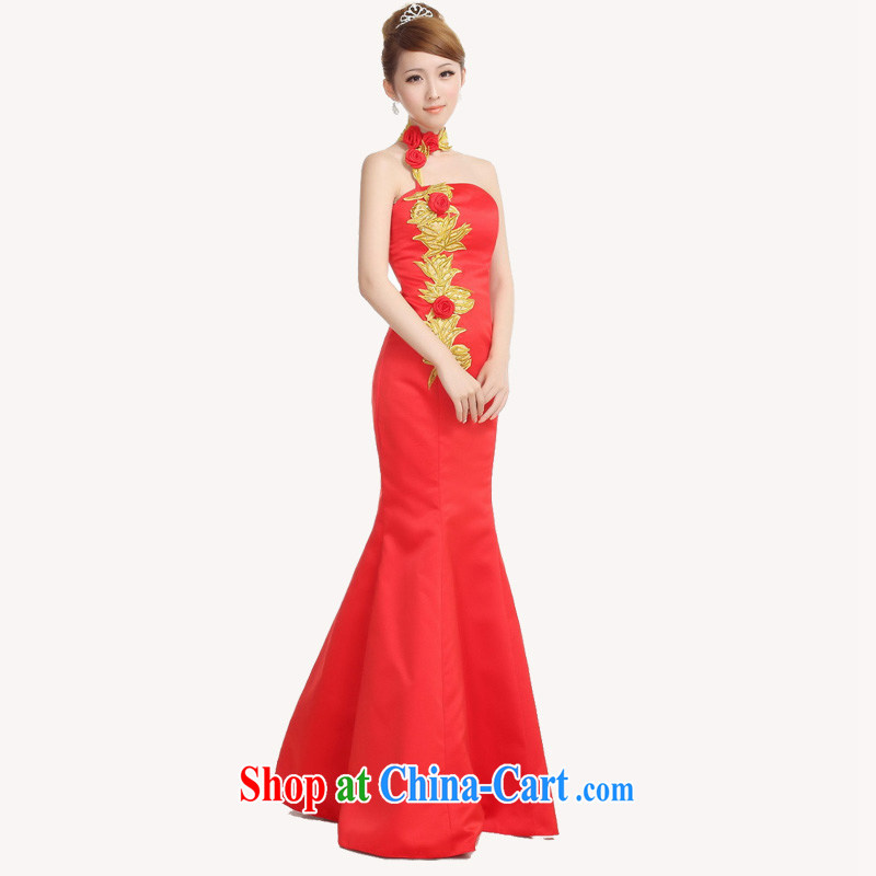 The Autumn new bride toast wedding dress back door red crowsfoot dress embroidery rose Chinese long improved cheongsam red XXL, water (luoshui), online shopping