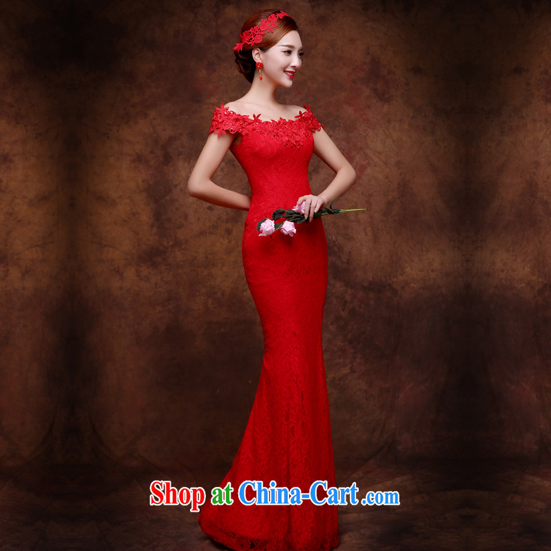 Wei Qi 2015 summer new bride wedding dress uniform toast red crowsfoot dress a shoulder strap dress long female banquet ex-gratia red M