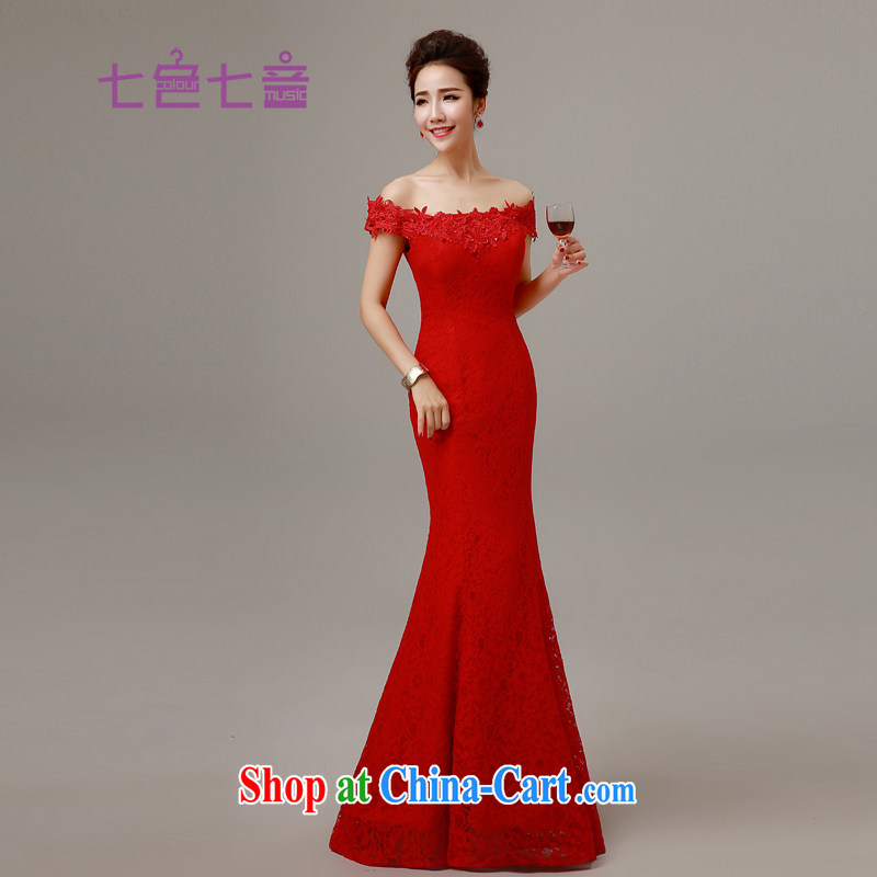 7-Color 7 tone 2015 New Red married women toast one field shoulder lace beauty crowsfoot tail stylish wedding dress L 017 red with S