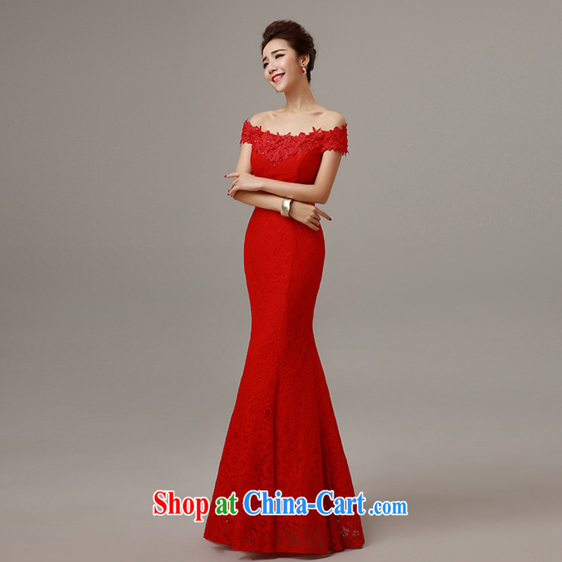 7-Color 7 tone 2015 New Red married women toast one field shoulder lace beauty crowsfoot tail stylish wedding dress L 017 red with S, 7 color 7 tone, shopping on the Internet
