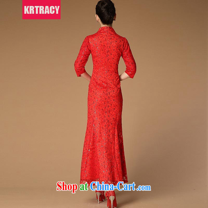 2015 KRTRACY new Ethnic Wind and Openwork lace embroidery cheongsam beauty red bows service dress BLLS 9488 red L, KRTRACY, shopping on the Internet