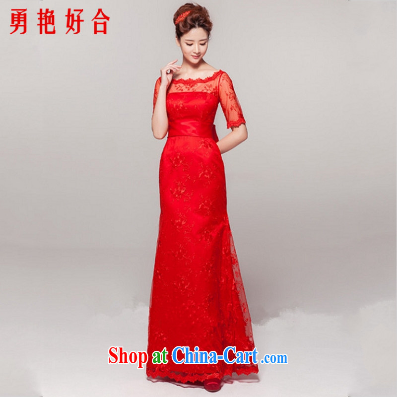 Yong-yan and new 20,151 field shoulder Red video thin dress new Korean lace bridal toast clothing dress Red. size color will not be returned.