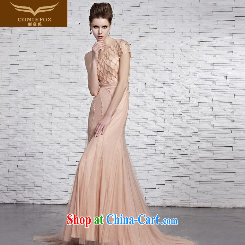 Creative Fox dress pink single shoulder bridal gown wedding toast serving elegant long-tail dress dress dress chair Hospitality Service 81,521 picture color XXL