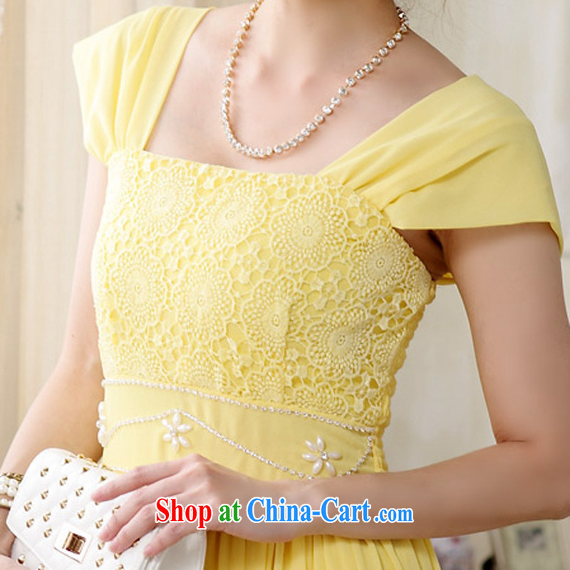 The e-mail package, Japan, and South Korea high-waist sweet double-shoulder lace nails Pearl party for Snow in woven long dress code the dress bridesmaid sister's small dress yellow XXXL, facilitating Philippines and the United States, and on-line shoppin