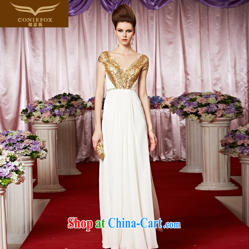 Creative Fox Evening Dress stylish package shoulder fall dress gold spell color wedding dress deep V nails Pearl dress the dress welcome kit 30,362 pictures color XL