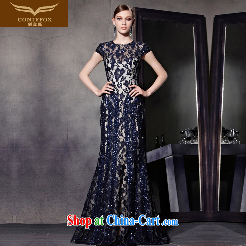 Creative Fox dress spring new, only the US lace Evening Dress blue package shoulder banquet dress Red Carpet dress the dress uniforms 81,869 picture color L