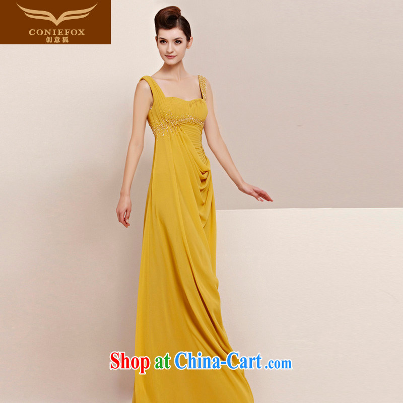 Creative Fox dress straps, double-shoulder wrinkled light drill dress the annual dress stylish banquet yellow elegant evening dress long skirt 30,163 picture color L