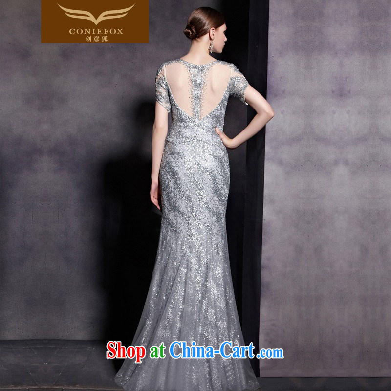 Creative Fox dress upscale luxury silver, banquet dress double-shoulder-length, fall to dress Show Exhibition dress presided over 81,836 dresses picture color XXL, creative Fox (coniefox), online shopping