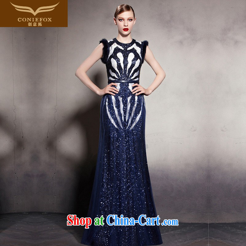 Creative Fox Blue Chip banquet dress stylish autumn and winter New Year Concert chair dress long skirt upscale luxurious evening dress toast serving 81,862 picture color L