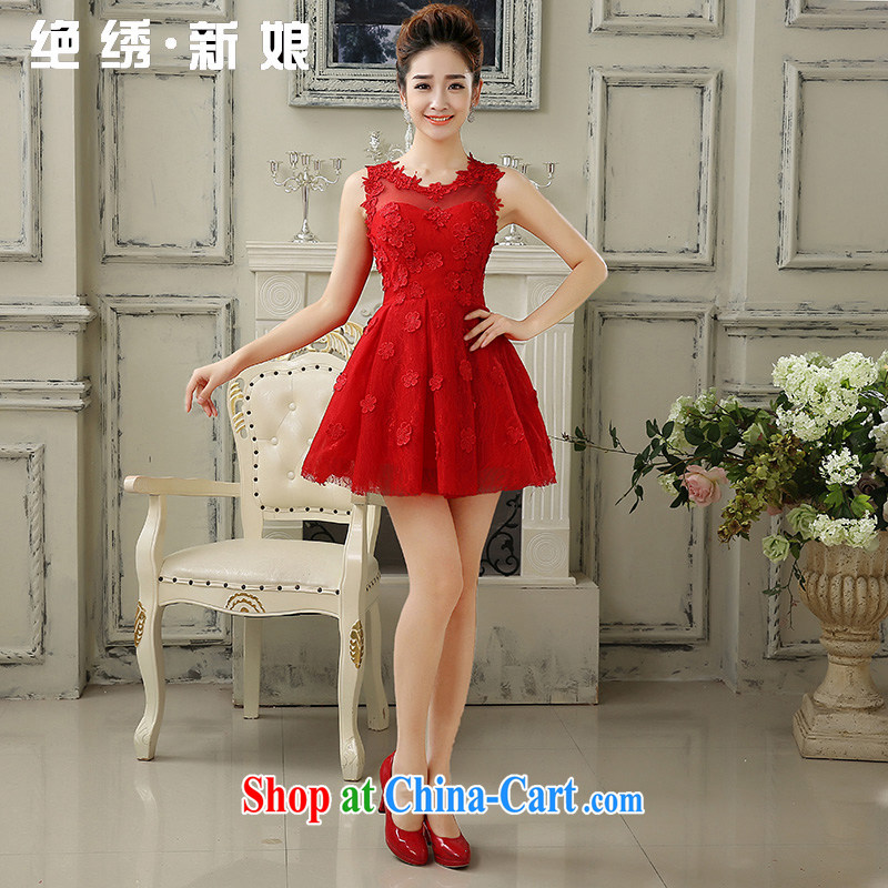 There is embroidery bridal wedding dresses 2015 new marriages red dress dress uniform toast short Evening Dress red M Suzhou shipping
