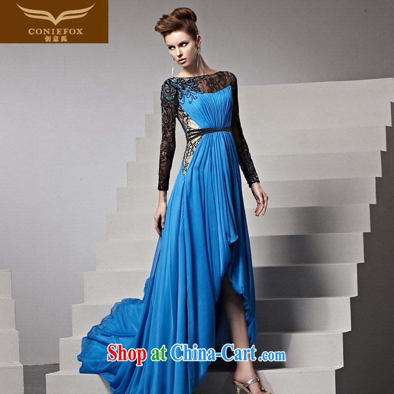 Creative Fox dress autumn and winter new blue dress tail Evening Dress elegant performances dress lace long-sleeved gown dresses 81,532 pictures color L