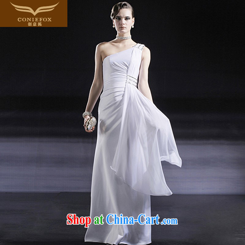 Creative Fox White single shoulder wedding dresses bridal toast serving the wedding banquet night chair fitted dress uniforms long dresses 56,628 white S