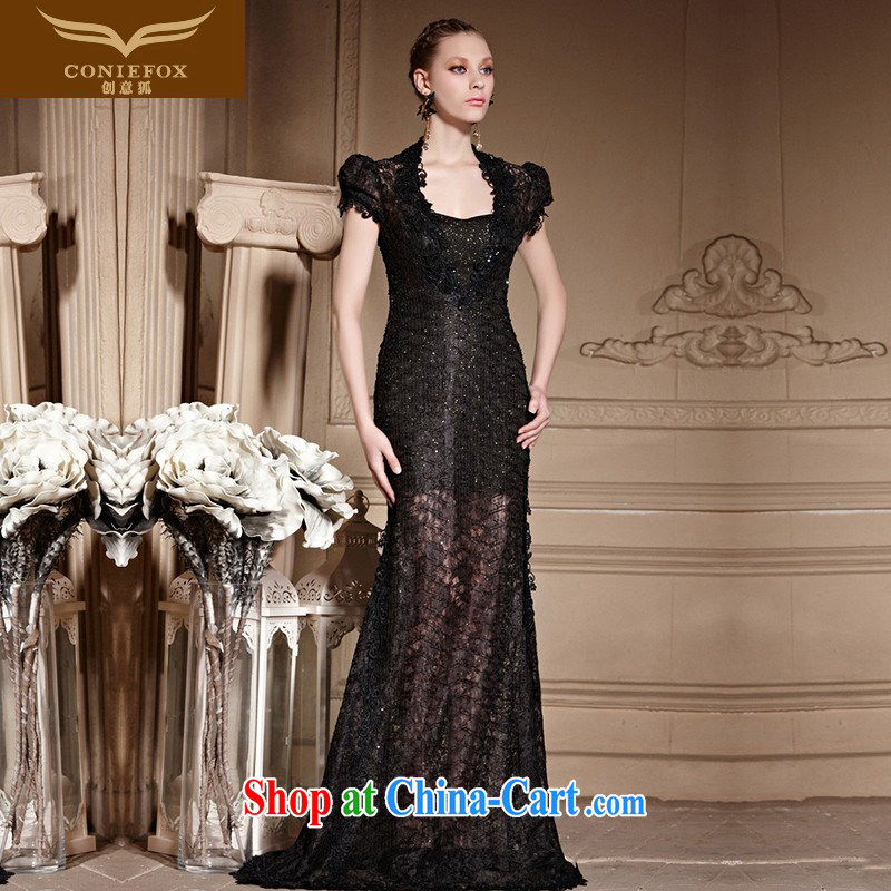 Creative Fox high-end custom dress retro modern lace flower dress black sexy long-tail dress banquet evening dress dresses 82,001 picture color tailored