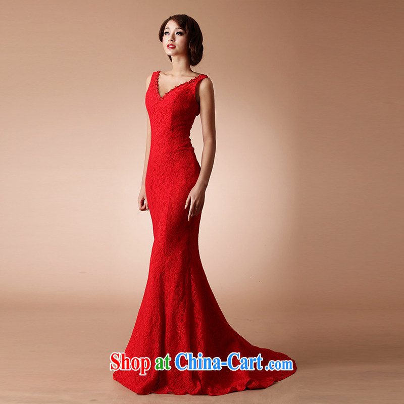 On the 2015 new wedding Yu Beauty Chinese improved red outfit small tail full lace crowsfoot marriage red L, AIDS, and shopping on the Internet