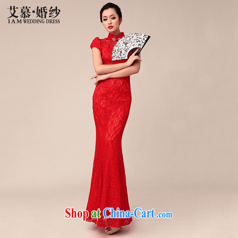 The AIDS 2015 new Wun Sha Chinese red cheongsam dress lace long crowsfoot bride annual ceremony toast red L