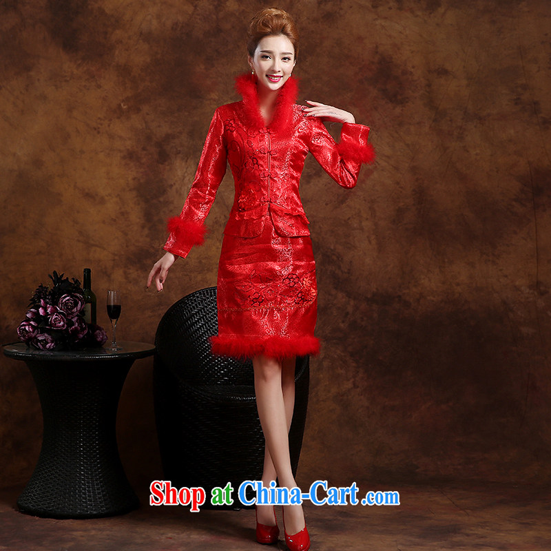 Donald Rumsfeld, the more than 2015 summer new bridal gown red bows service short marriage dresses beauty long-sleeved cheongsam dress red XXL