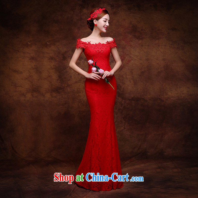 The Vanessa summer 2015 toast Service Bridal wedding dress red crowsfoot long field shoulder lace tie-cultivating larger Annual Meeting banquet dress red XL _high lace elegant and comfortable_