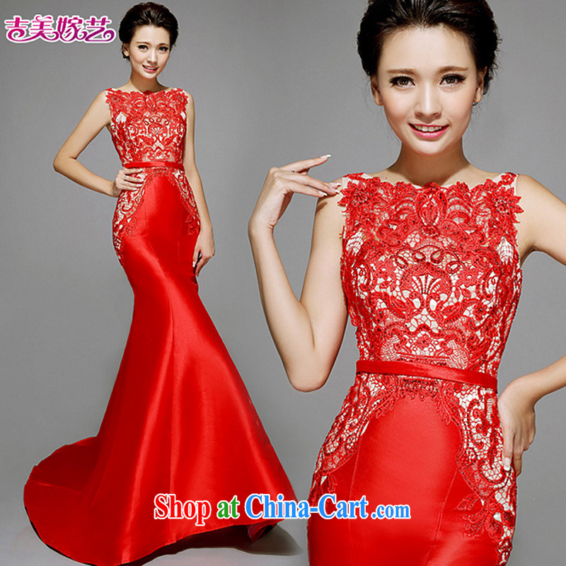 Jimmy married arts wedding dresses 2015 new Korean shoulders crowsfoot lace-tail 7565 red bridal gown no drill XL