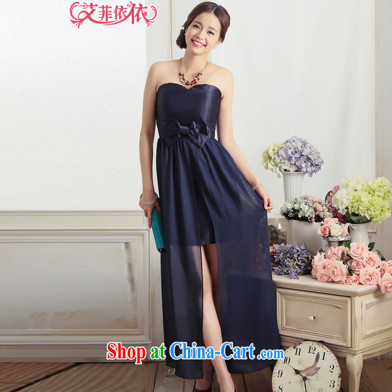 The Parting of Yuan temperament does not rule out chest Evening Dress 2015 Korean long marriage banquet snow woven stitching bowtie sexy dress dress dark blue XXL code