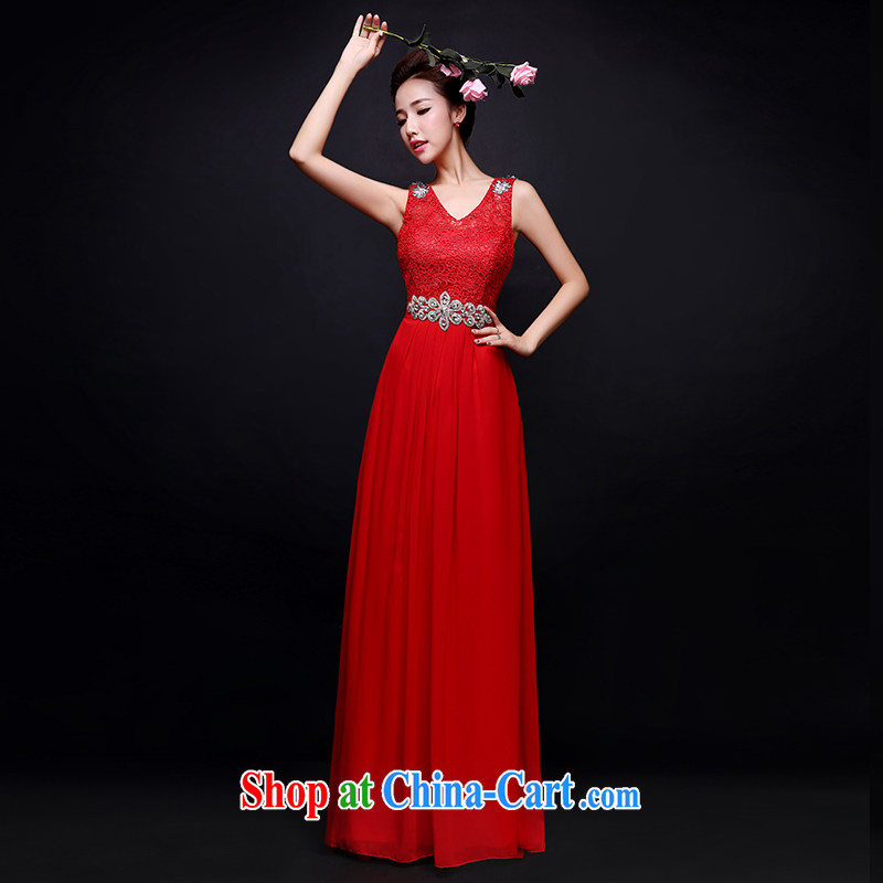 Qi wei bridal dresses 2015 new summer long red wedding toast service lace shoulders Deep V dress long evening dress red XL