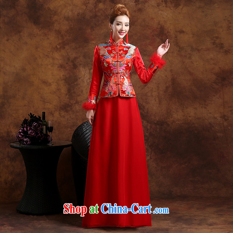 Wei Qi 2015 new wedding dresses summer wear long-sleeved long marriages served toast retro improved cheongsam Chinese high quality fabric female Red XXL