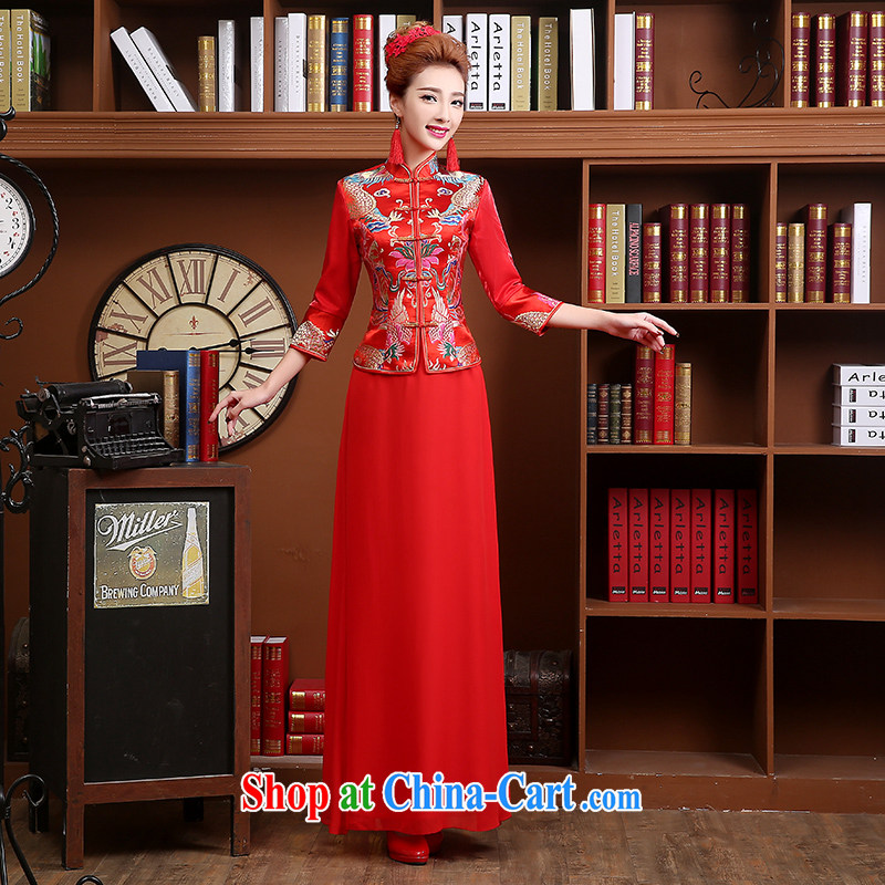 Wei Qi 2015 new summer new bridal dresses long sleeved retro red bows clothes qipao Chinese long wedding dress red XXL