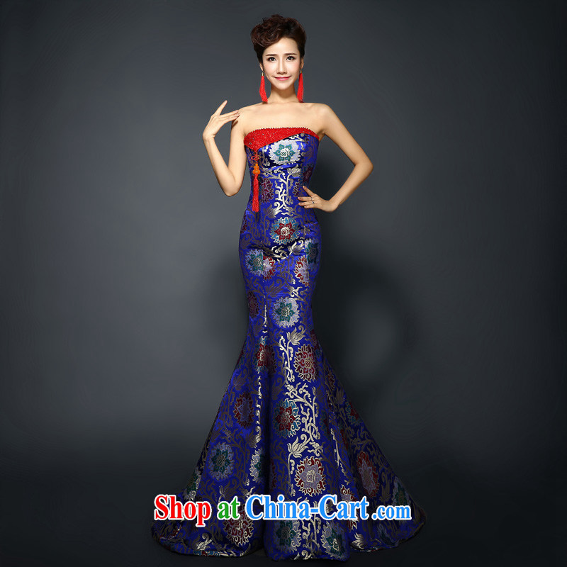Dress cheongsam dress 2015 new stylish improved bows clothing retro banquet crowsfoot long evening dress dresses, spring dresses, special blue L, 100 Ka-ming, and shopping on the Internet